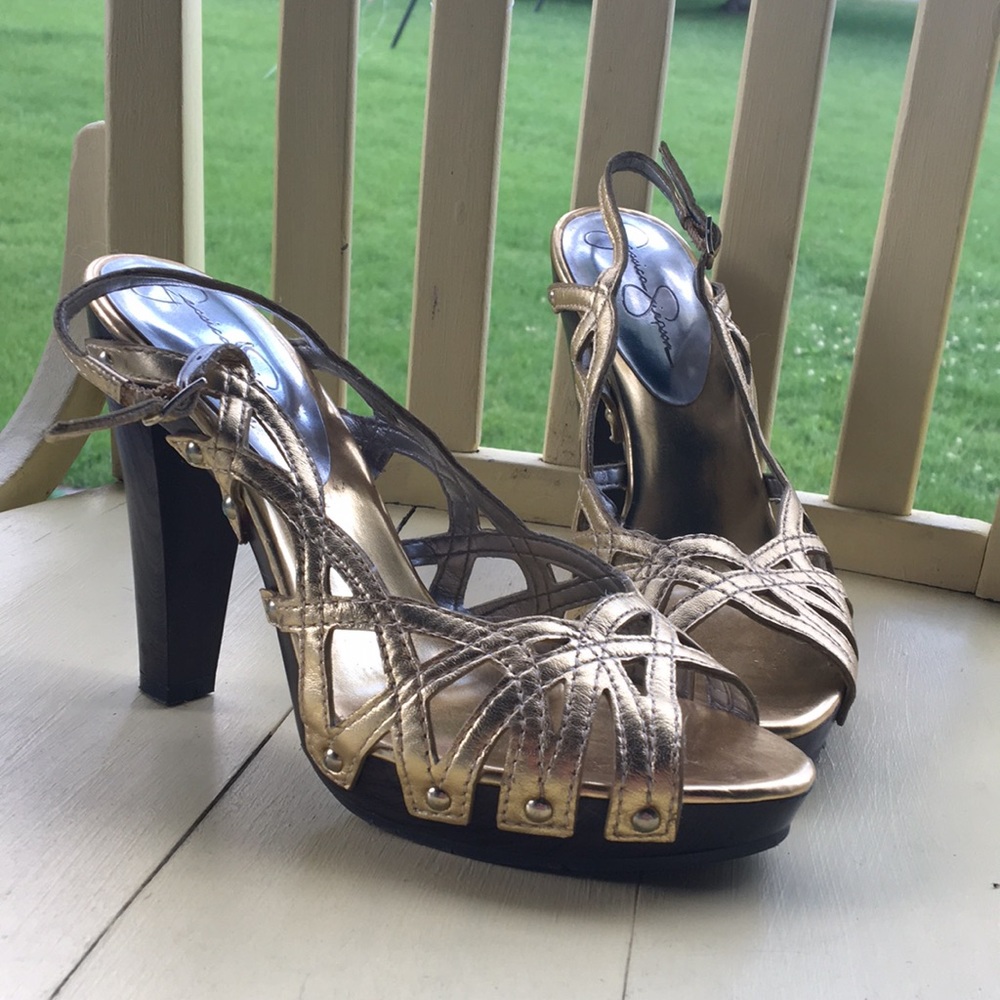 Gold and wood Jessica Simpson strappy heels